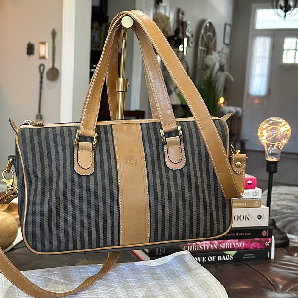 FENDI Roma Pequin Striped Satchel in Coated Canvas & Leather, Vintage 🪧BUY NOW🪧